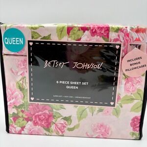Betsey Johnson Pink Rose Bouquet Floral Pink Sheet Set 6 Piece Super Soft Queen